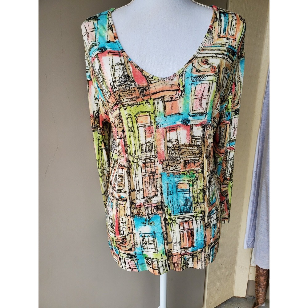 Chicos Travelers 1 City Scape Top Womens Medium Blue Orange Yellow Spring Travel